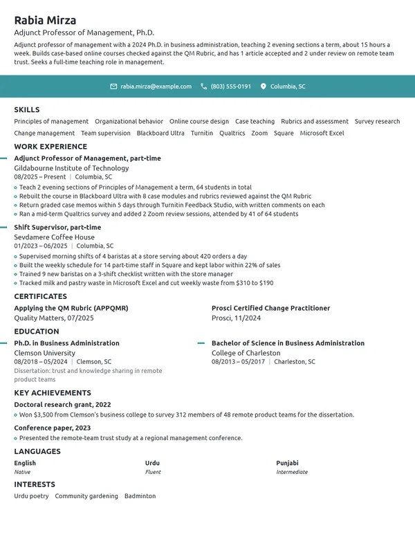 Adjunct Professor resume example