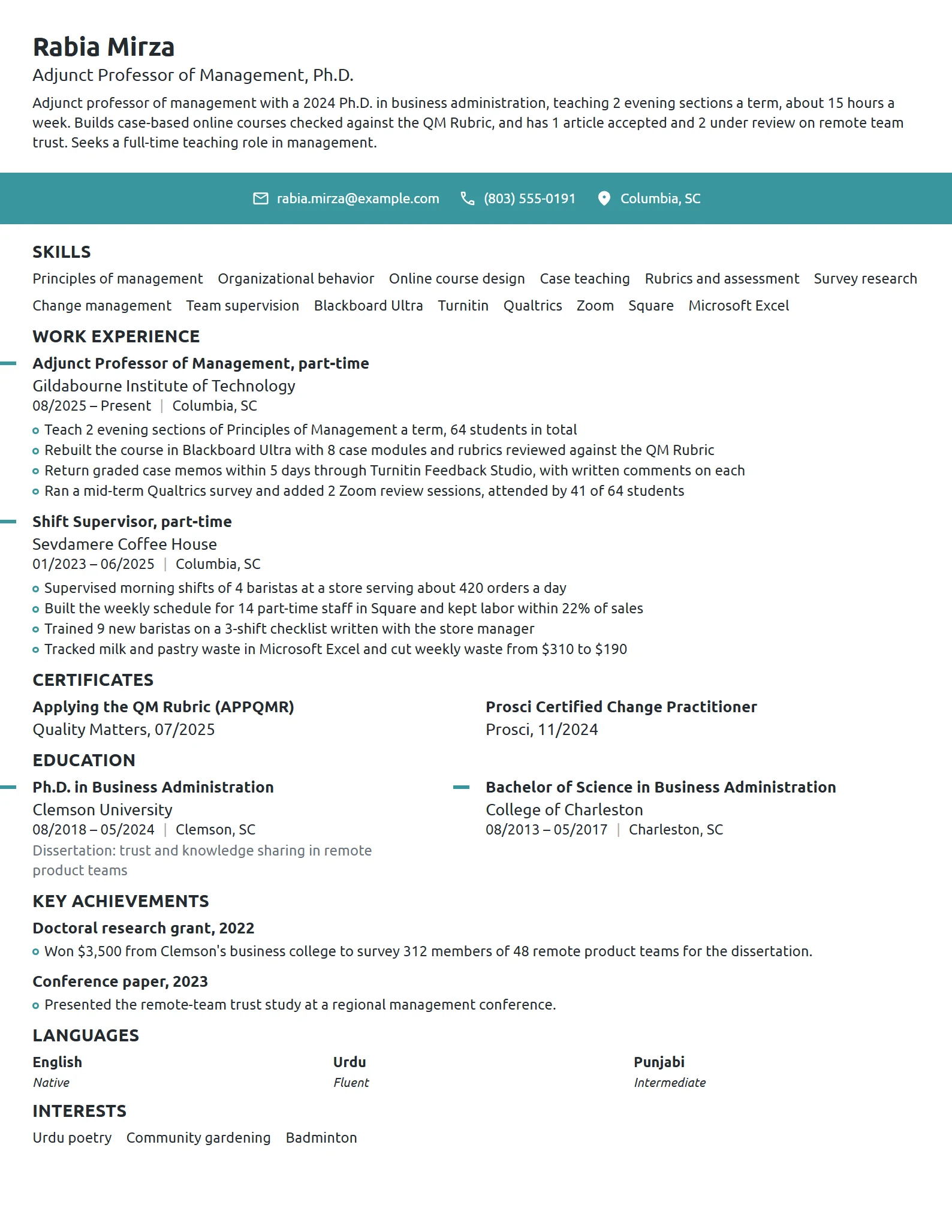 Adjunct Professor resume example