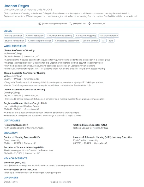 Clinical Professor of Nursing resume example