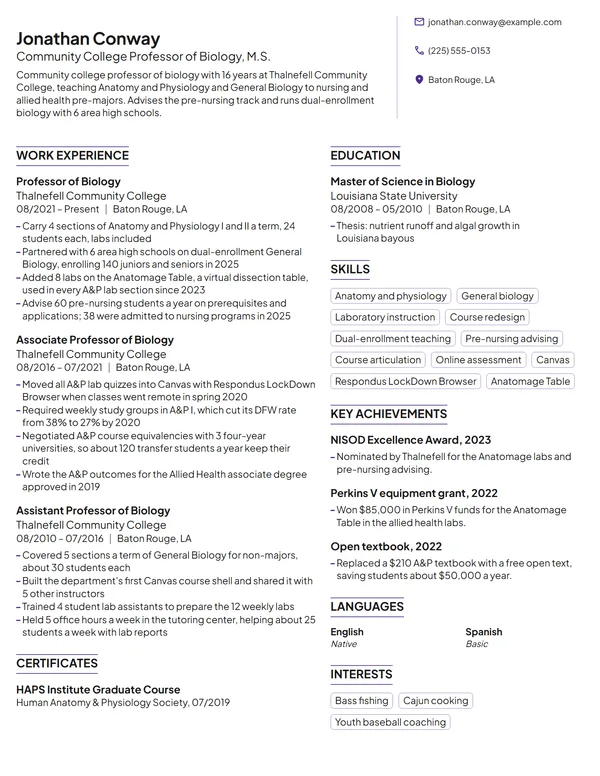 Community College Professor resume example