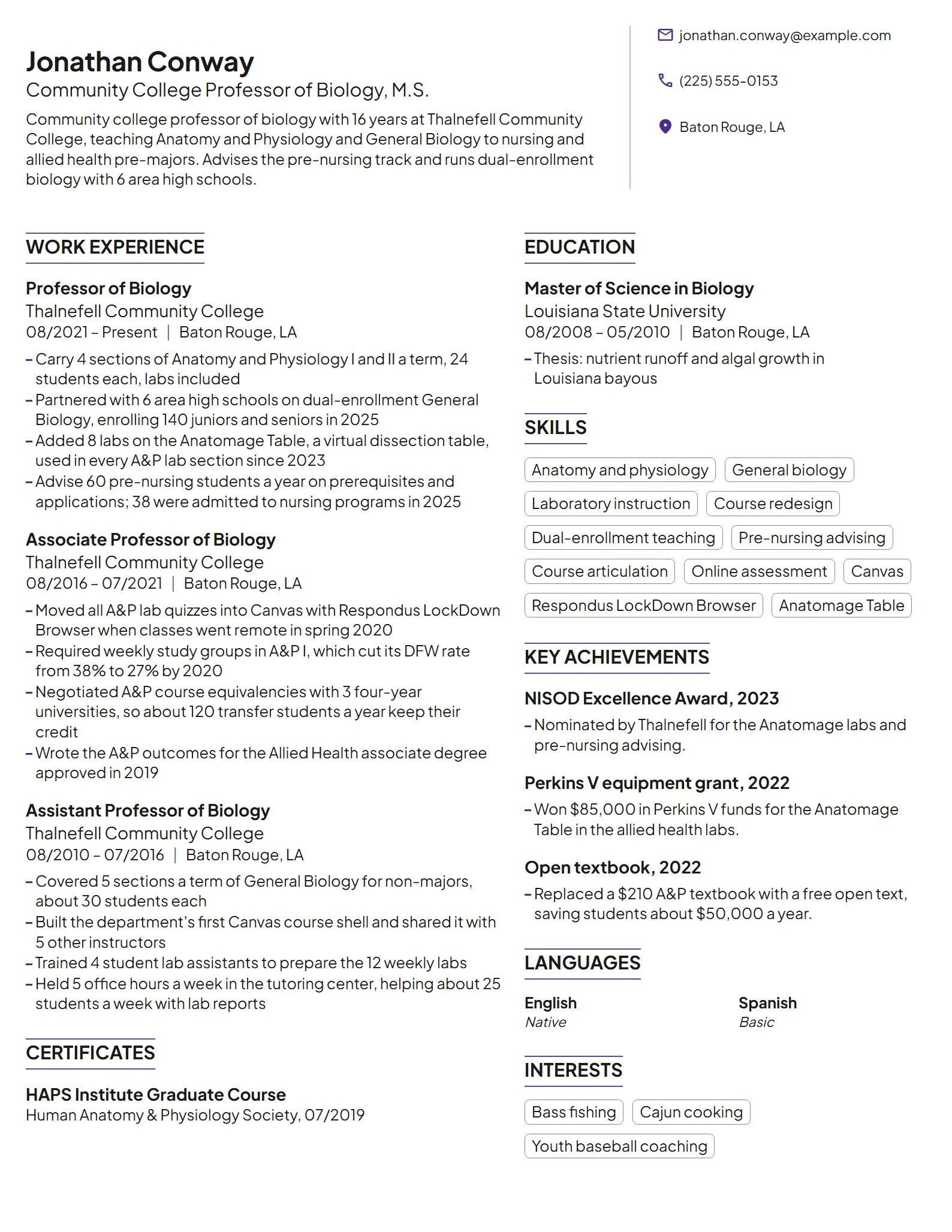 Community College Professor resume example