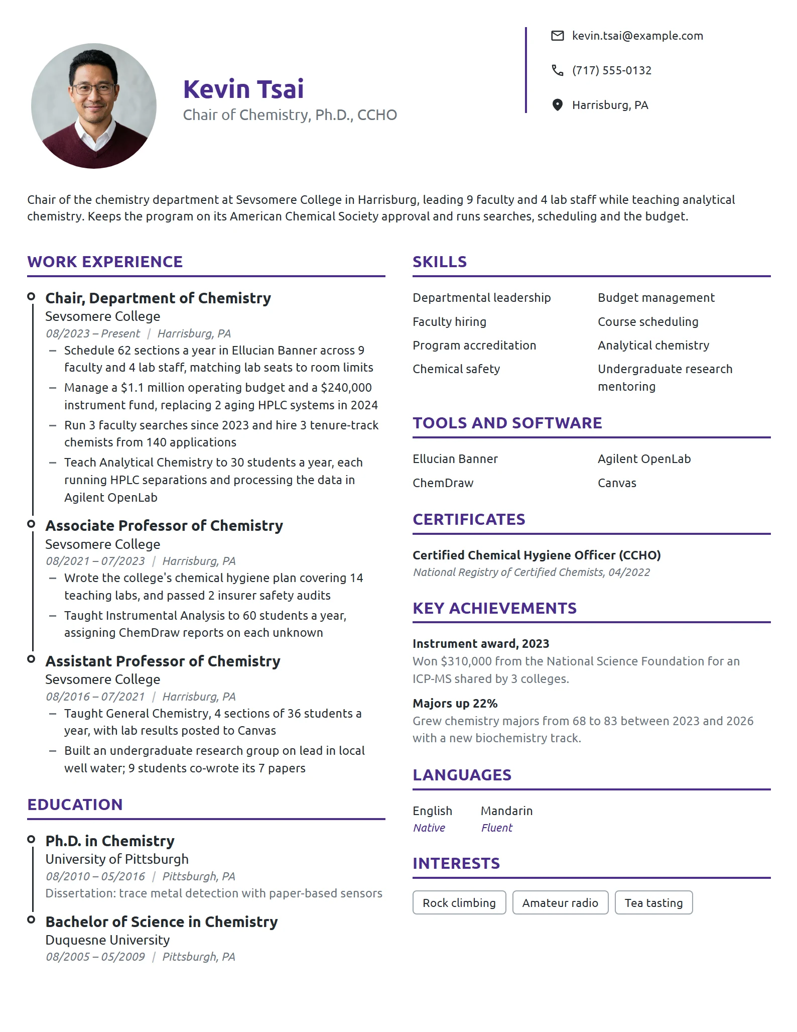 Department Chair resume example
