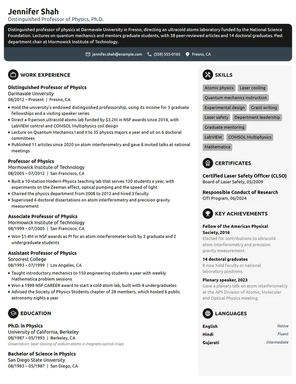 Distinguished Professor of Physics resume example