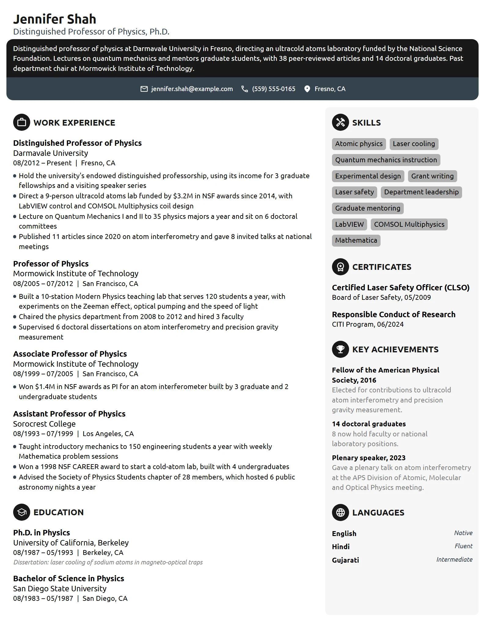 Distinguished Professor of Physics resume example