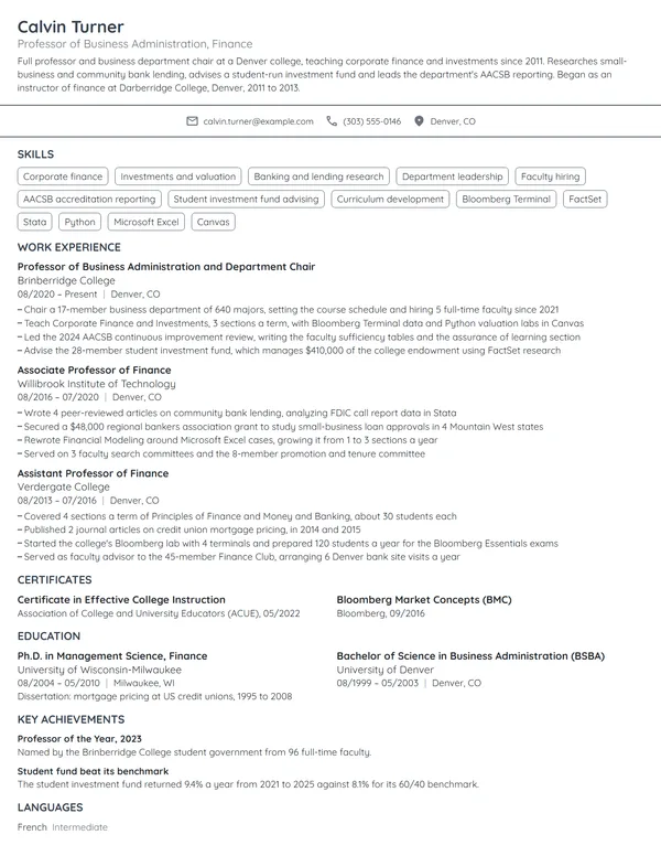 Professor of Business Administration resume example