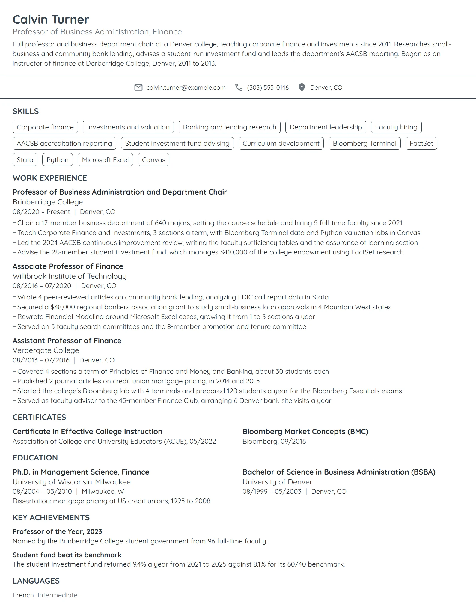 Professor of Business Administration resume example