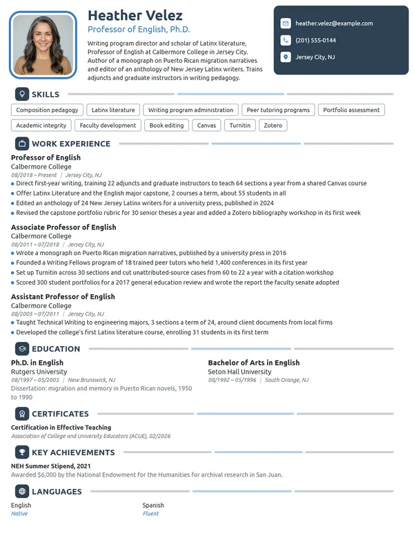 Professor of English resume example