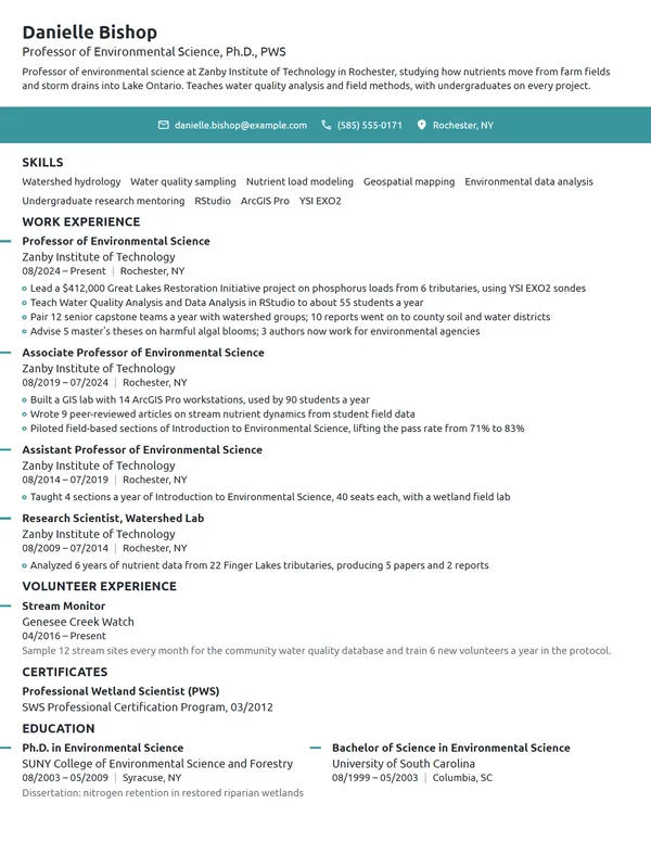 Professor of Environmental Science resume example