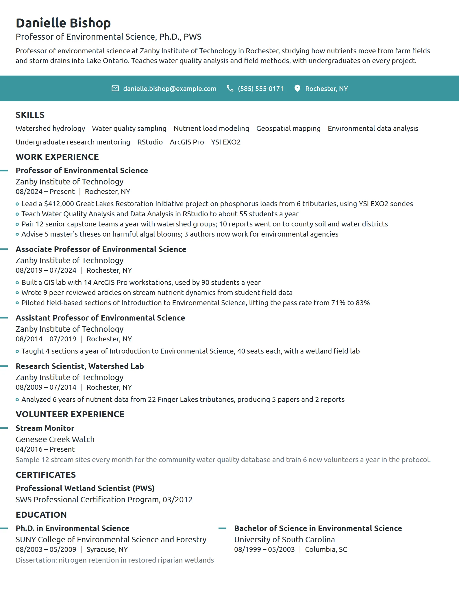 Professor of Environmental Science resume example