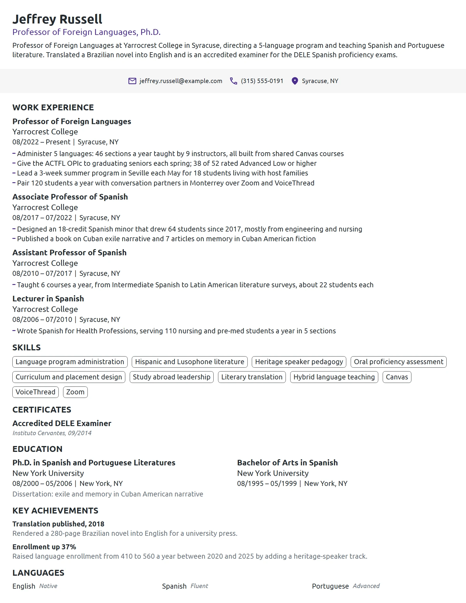 Professor of Foreign Languages resume example