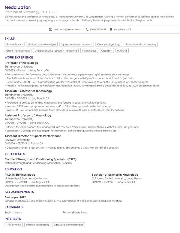 Professor of Kinesiology resume example