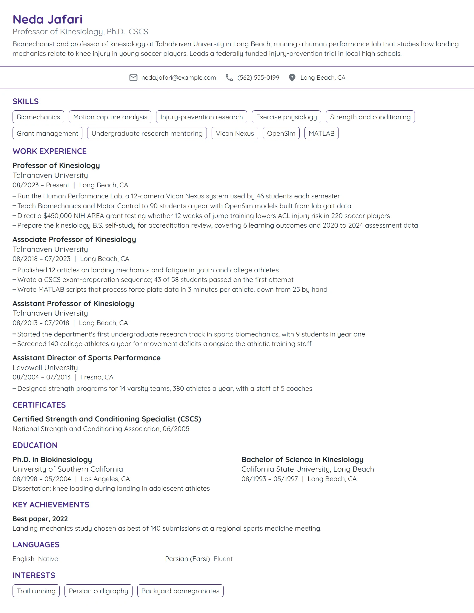 Professor of Kinesiology resume example