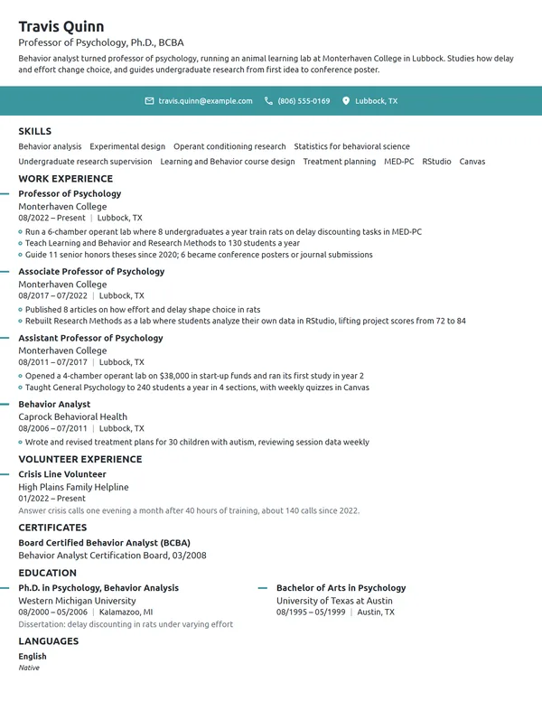 Professor of Psychology resume example