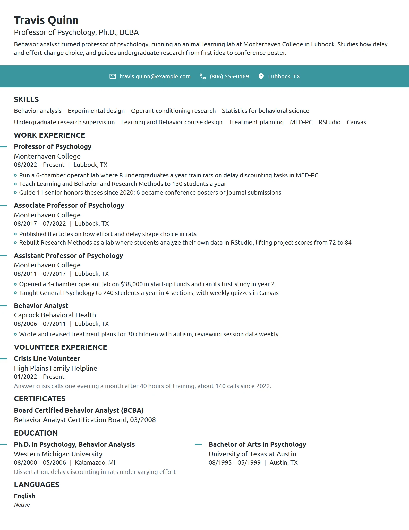 Professor of Psychology resume example
