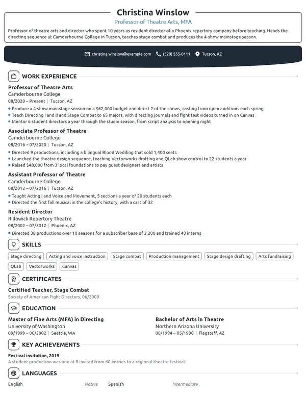 Professor of Theatre Arts resume example