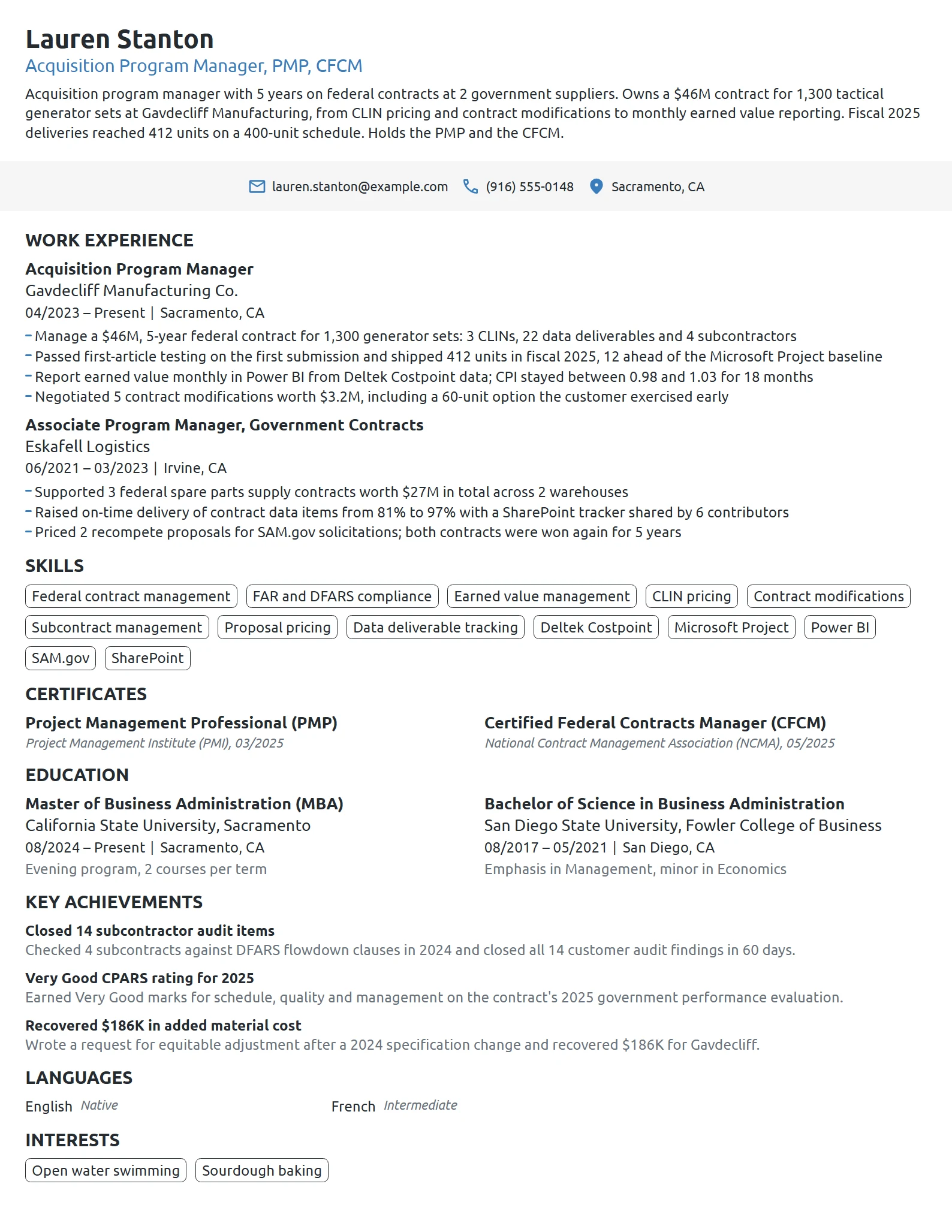Acquisition Program Manager resume example