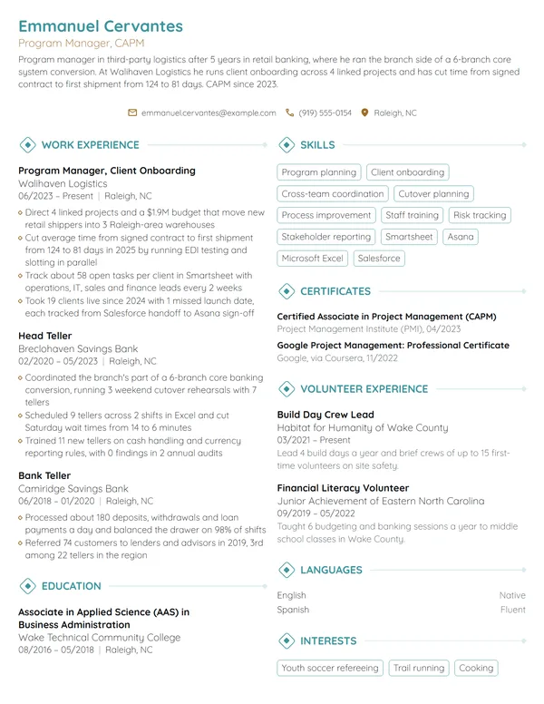 Career Change Program Manager resume example