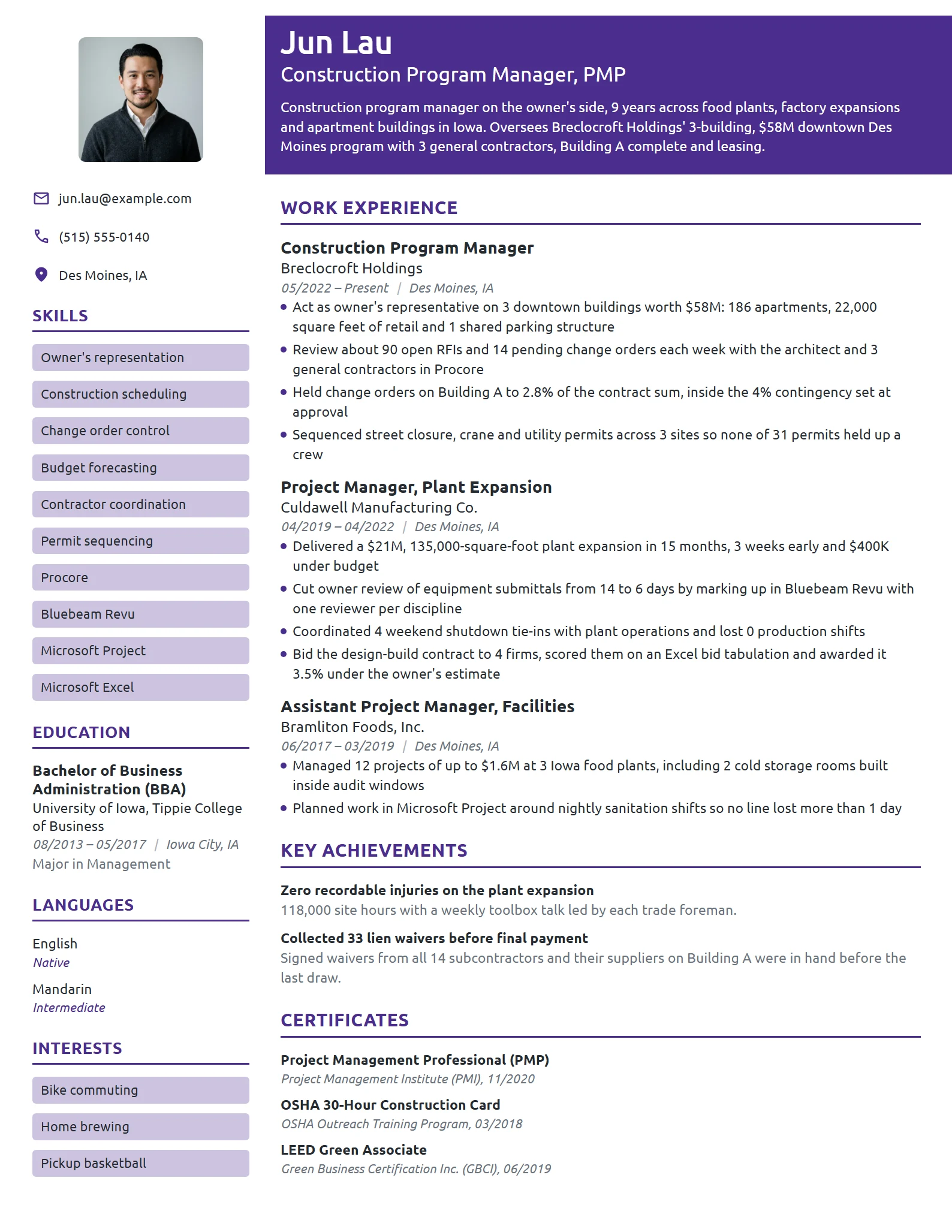 Construction Program Manager resume example