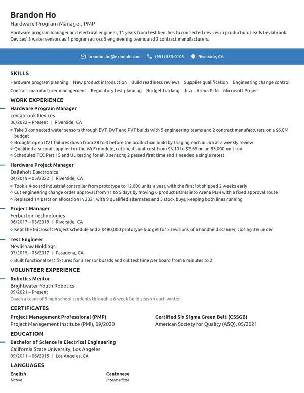 Hardware Program Manager resume example