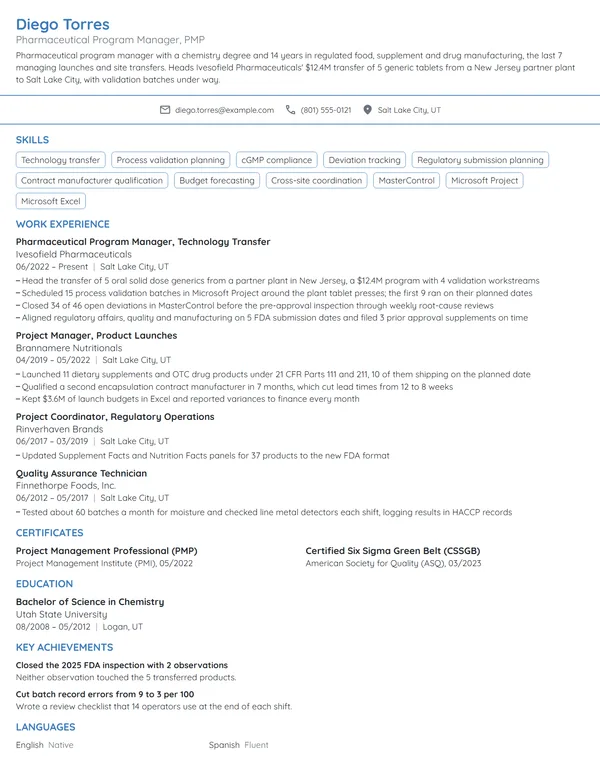 Pharmaceutical Program Manager resume example