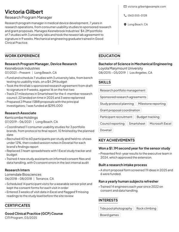 Research Program Manager resume example