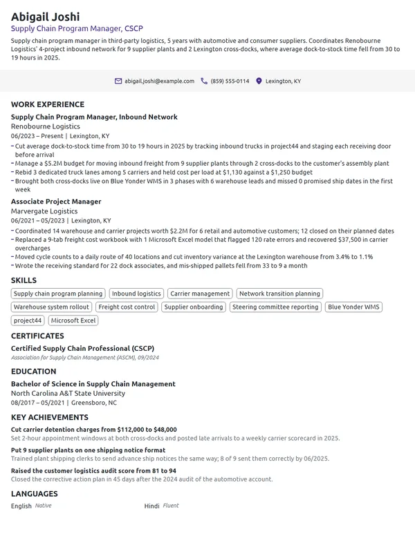 Supply Chain Program Manager resume example