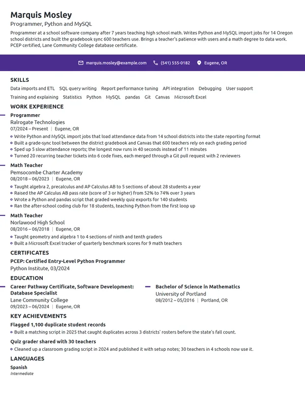 Career Change Programmer resume example