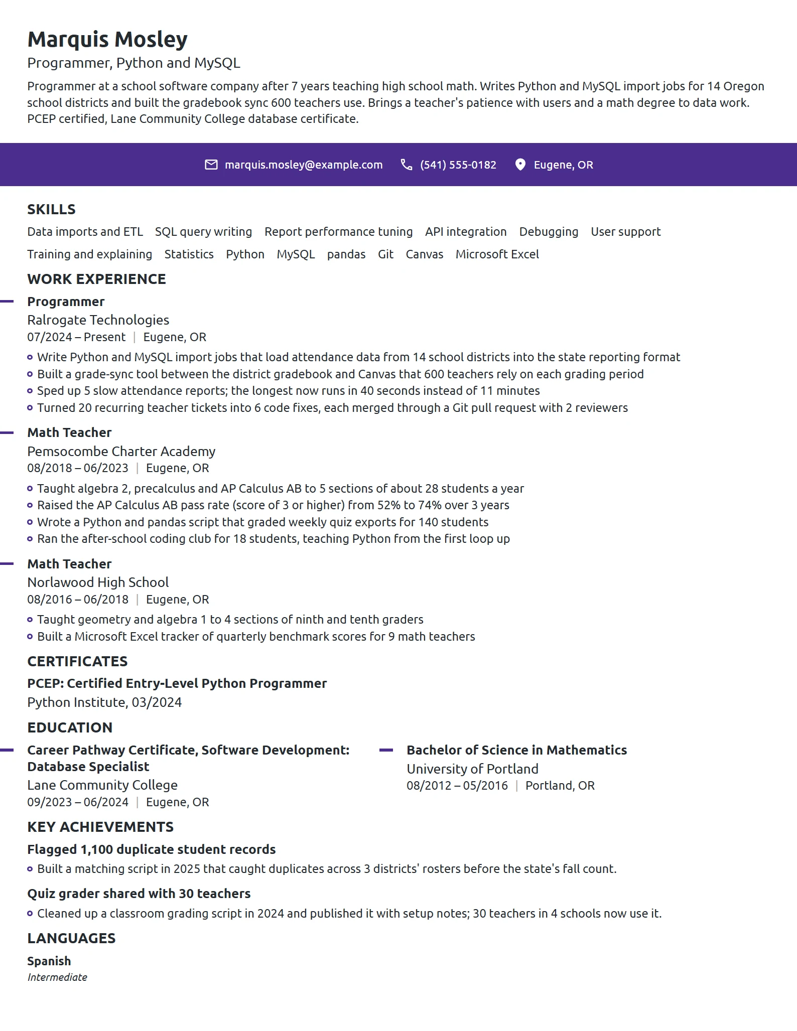 Career Change Programmer resume example