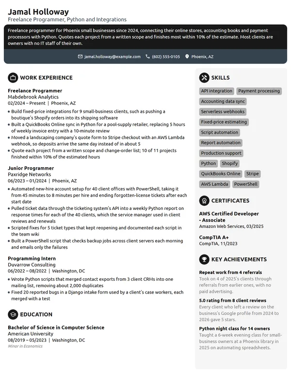 Freelance Programmer resume example