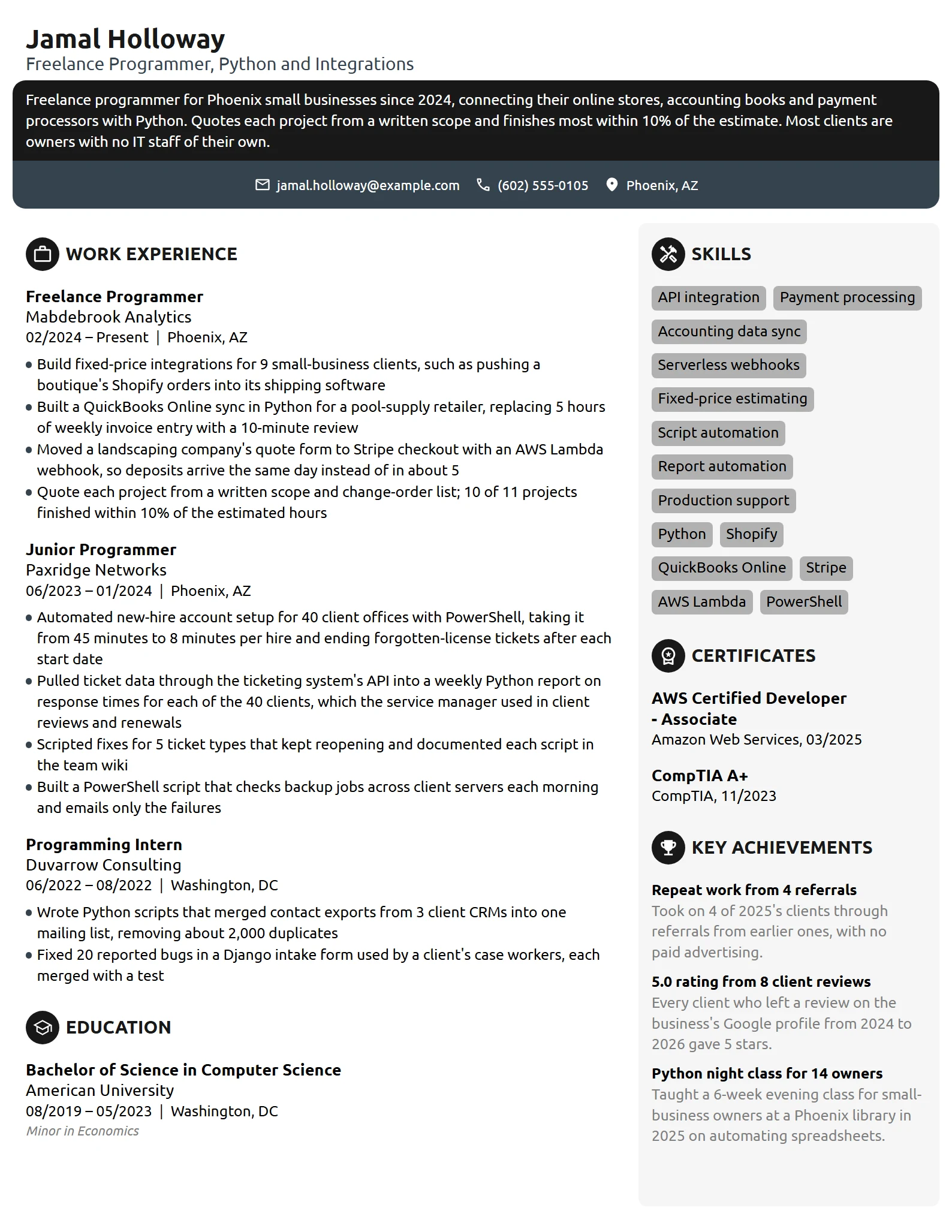 Freelance Programmer resume example