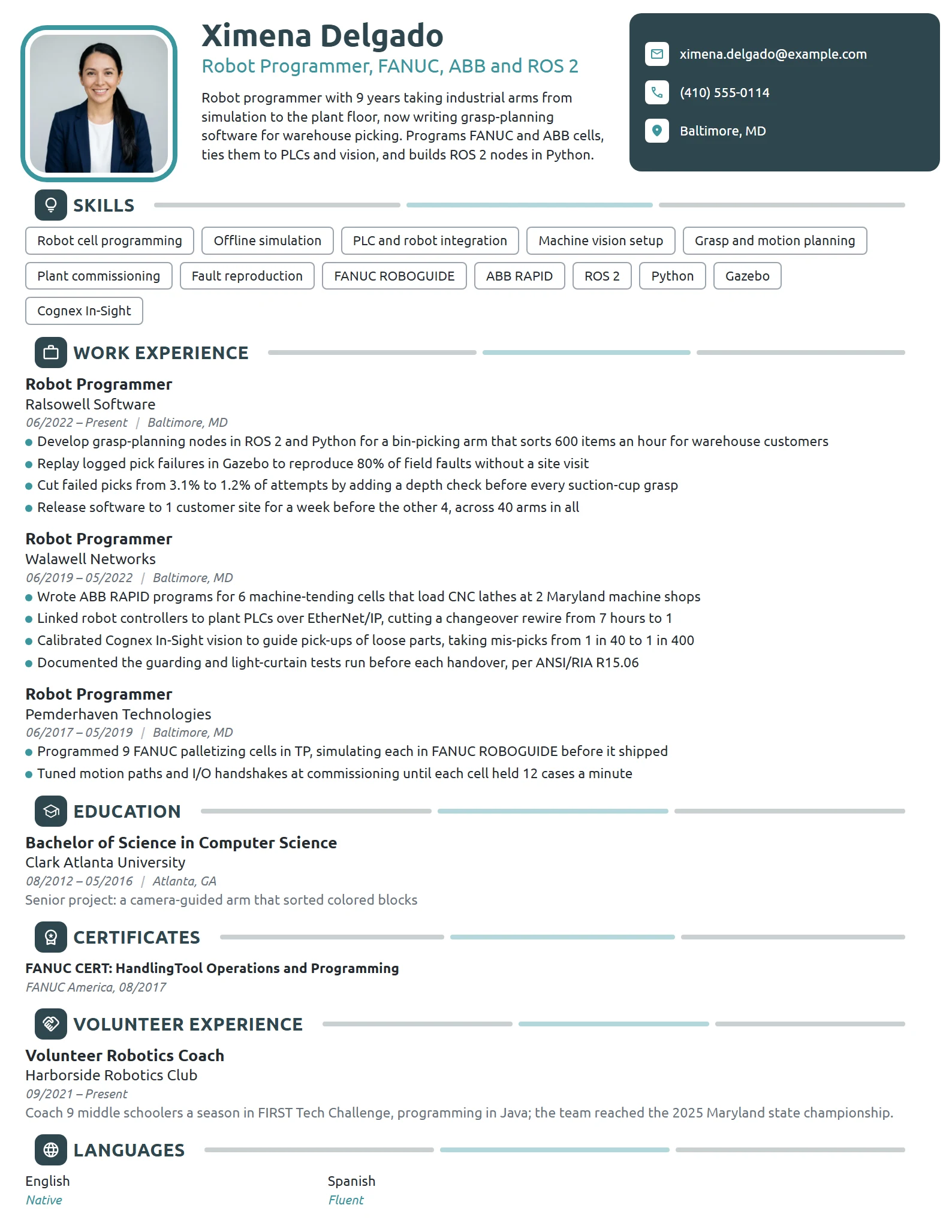 Robot Programmer resume example