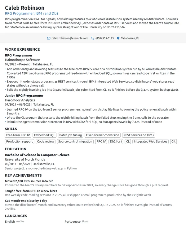 RPG Programmer resume example