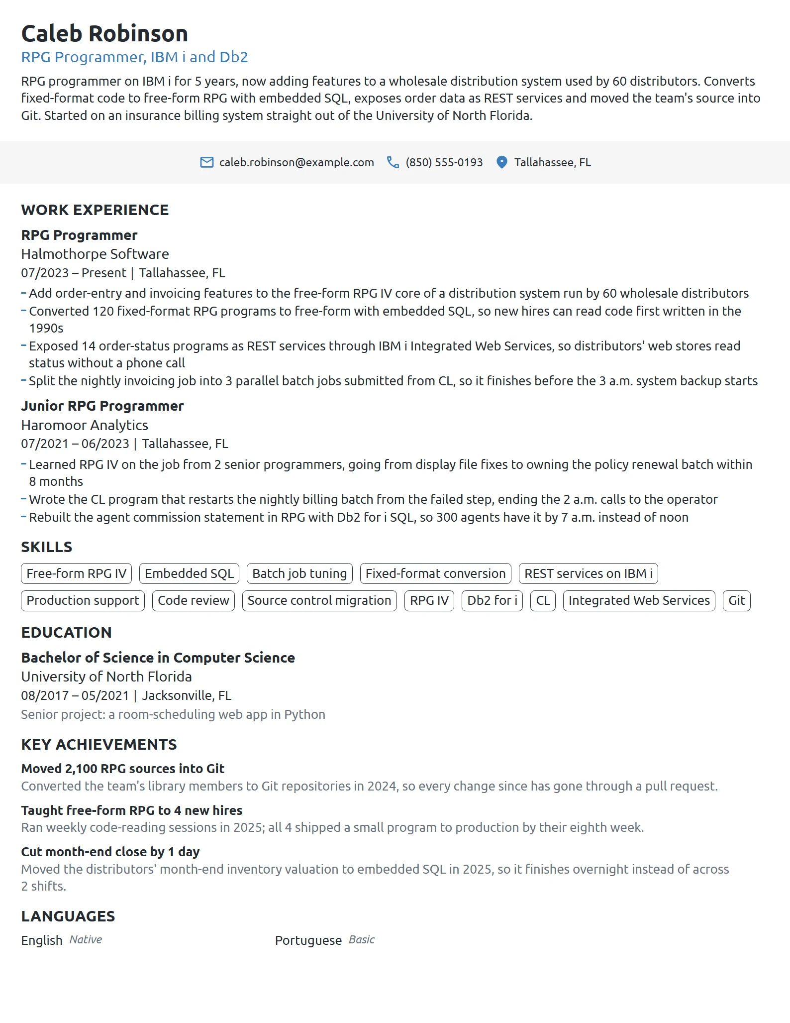 RPG Programmer resume example