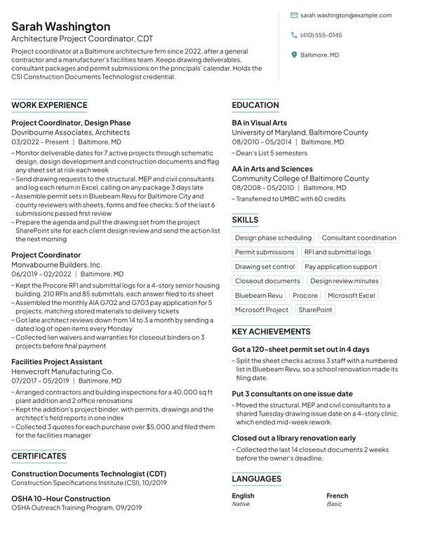 Architecture Project Coordinator resume example