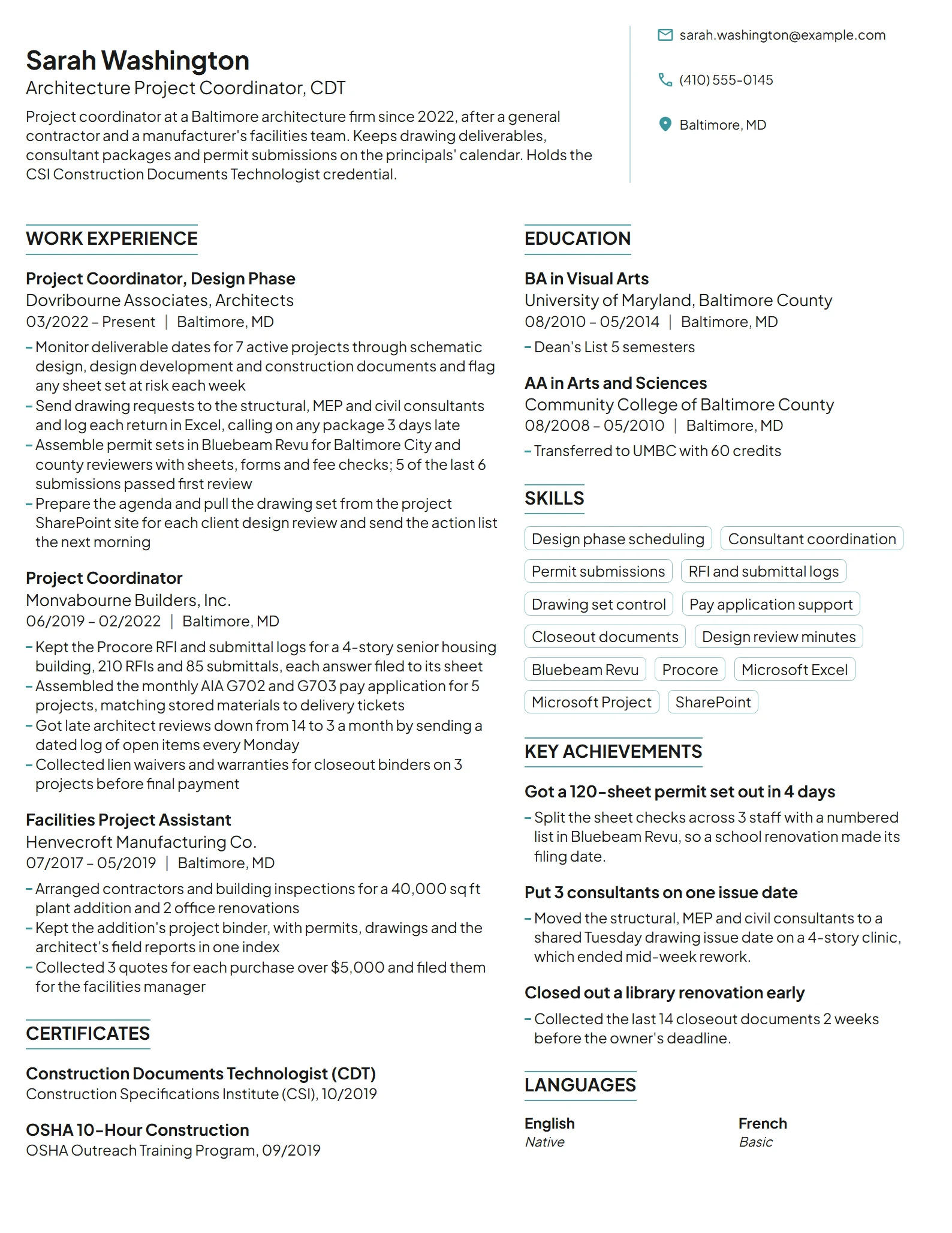 Architecture Project Coordinator resume example