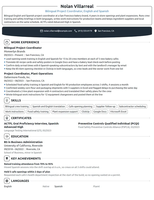 Bilingual Project Coordinator resume example
