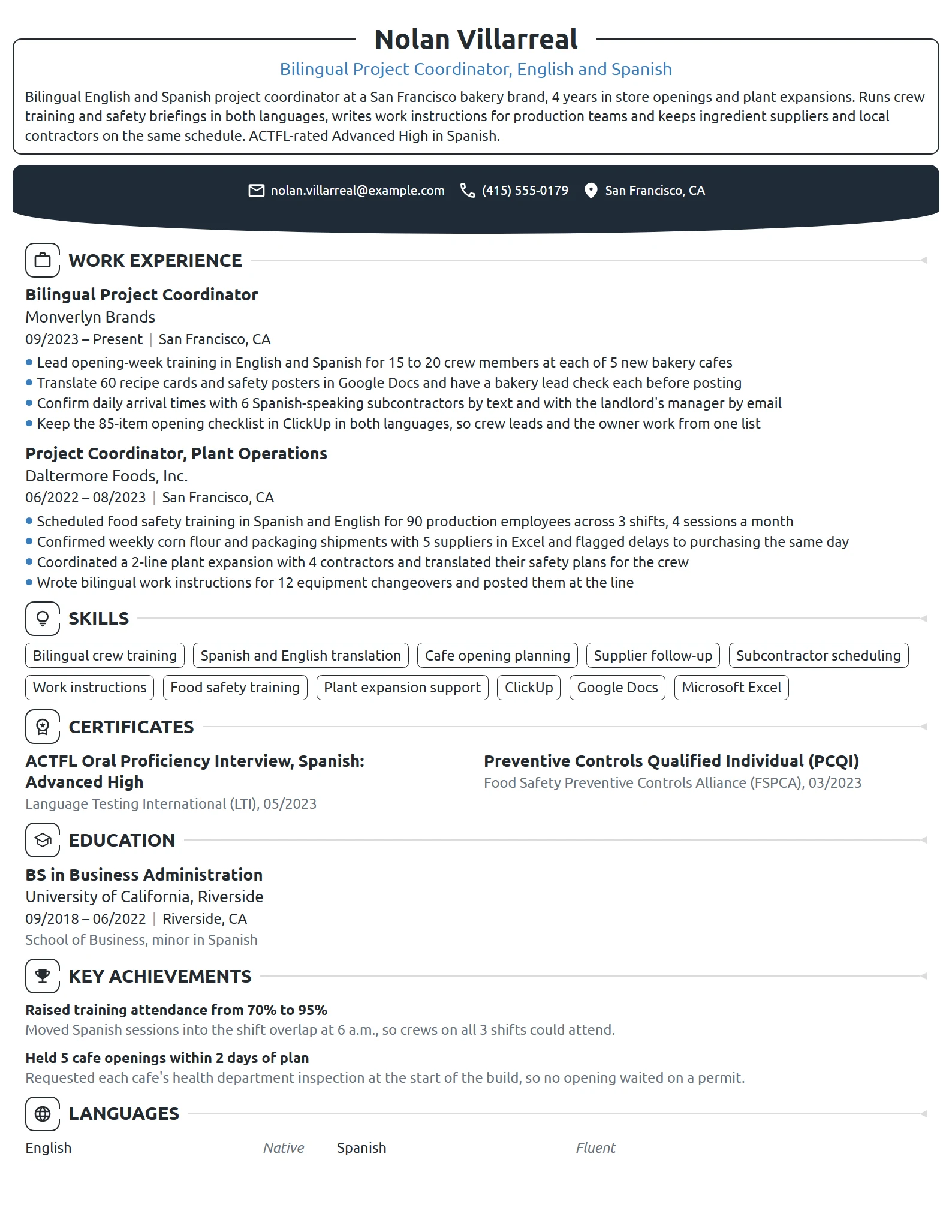 Bilingual Project Coordinator resume example