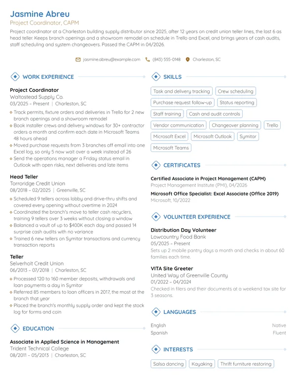 Career Change Project Coordinator resume example