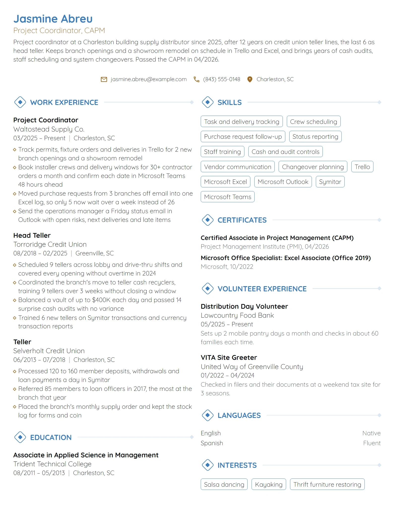 Career Change Project Coordinator resume example