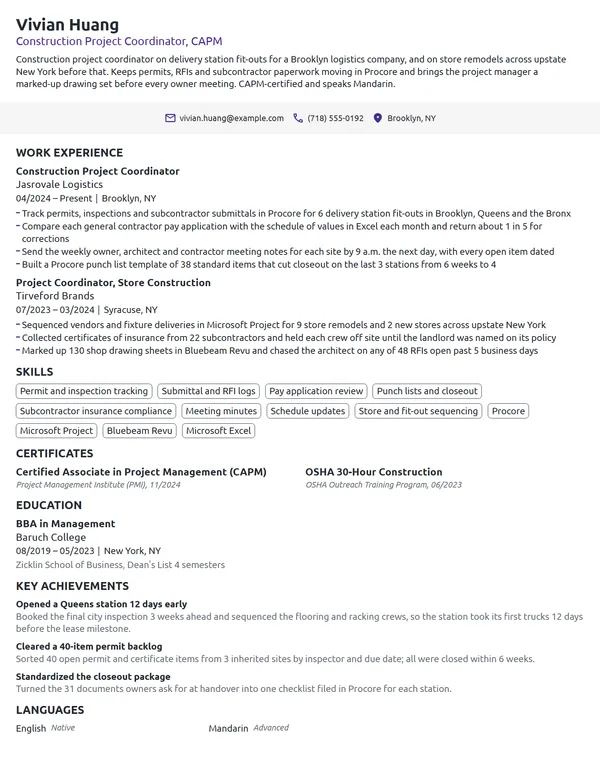 Construction Project Coordinator resume example