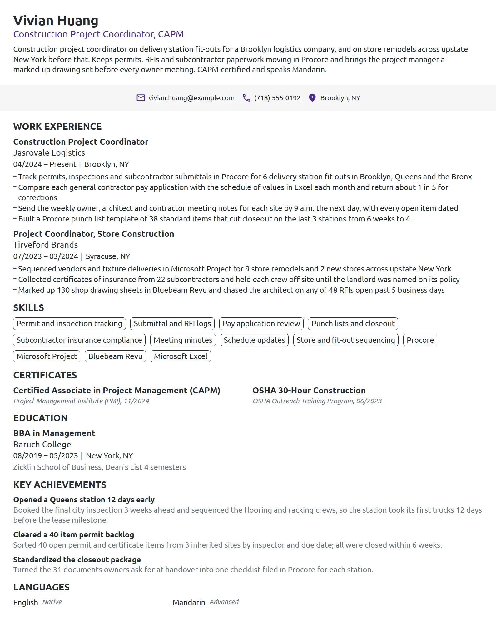 Construction Project Coordinator resume example