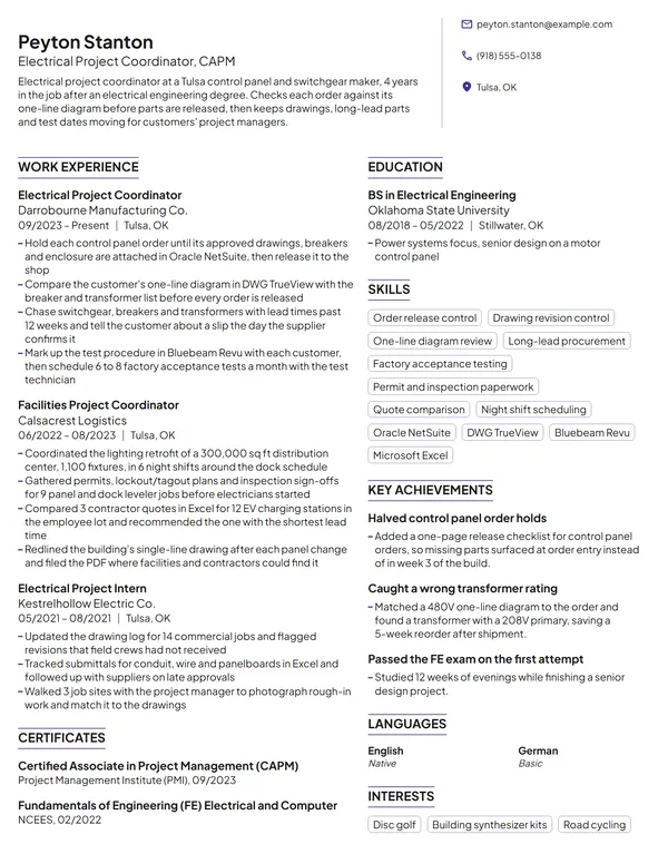 Electrical Project Coordinator resume example