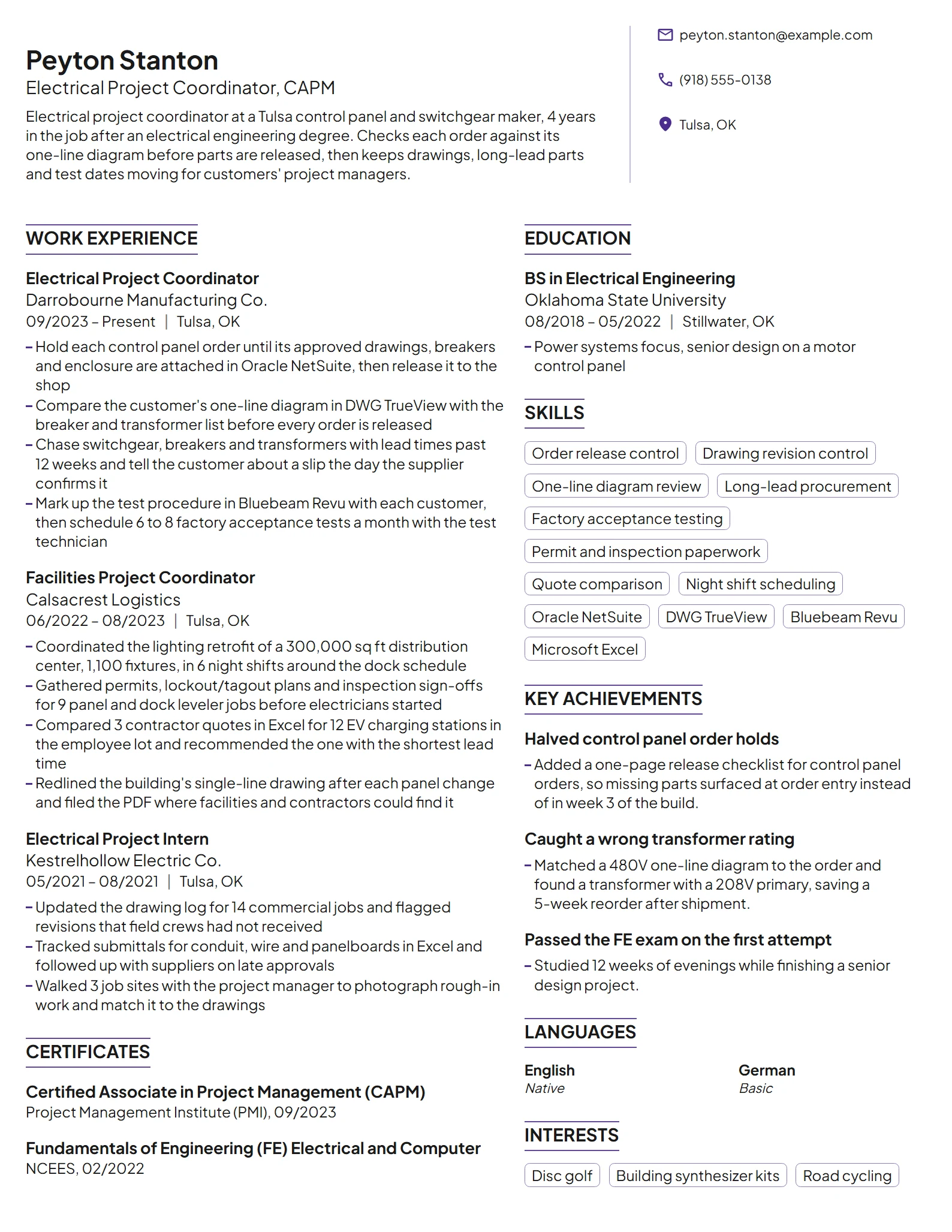 Electrical Project Coordinator resume example