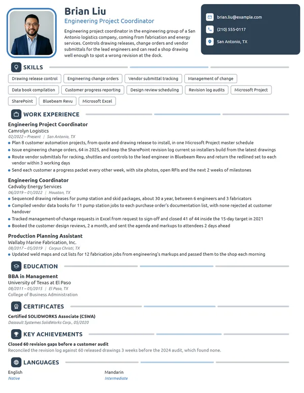 Engineering Project Coordinator resume example