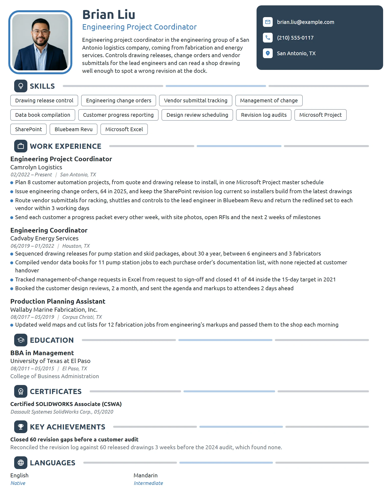 Engineering Project Coordinator resume example