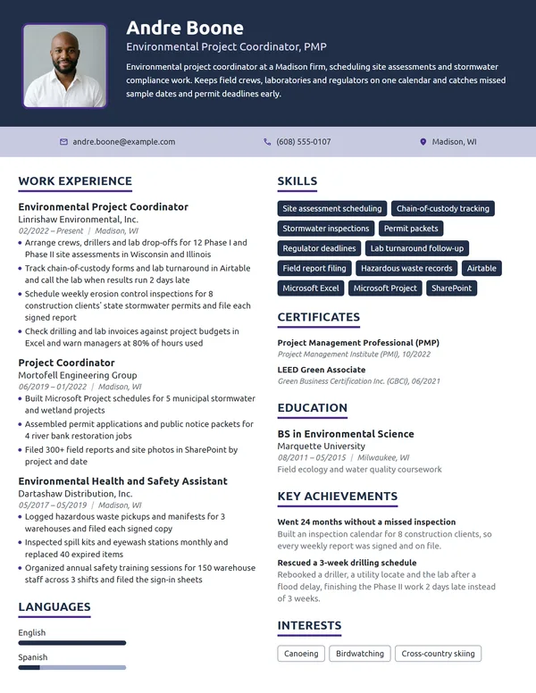 Environmental Project Coordinator resume example