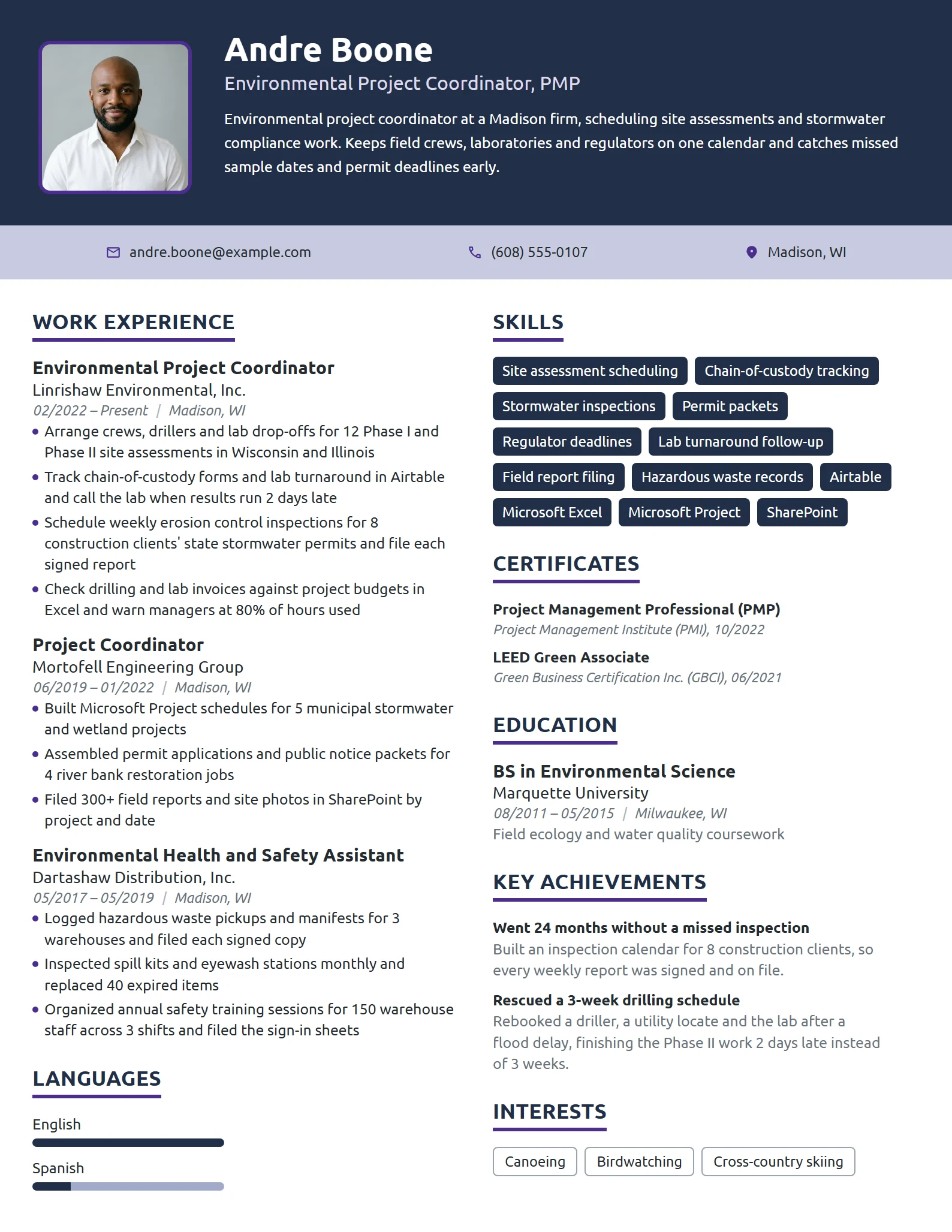 Environmental Project Coordinator resume example