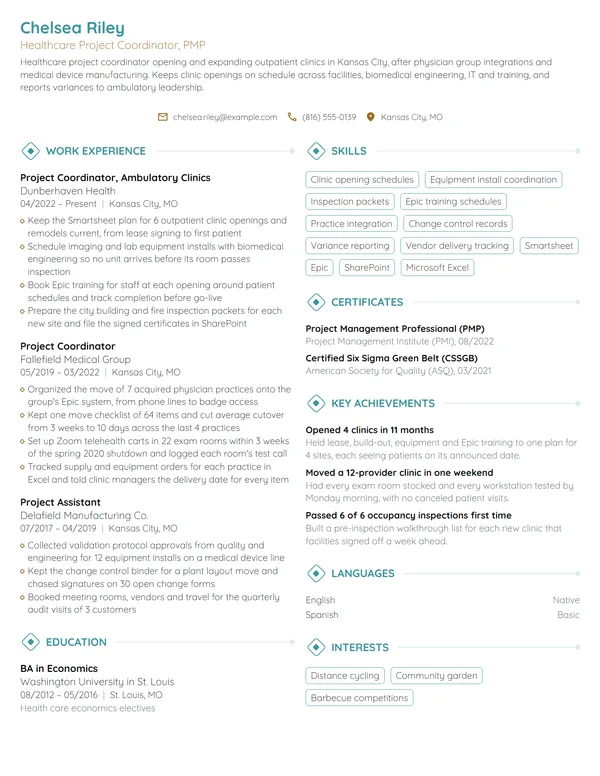 Healthcare Project Coordinator resume example