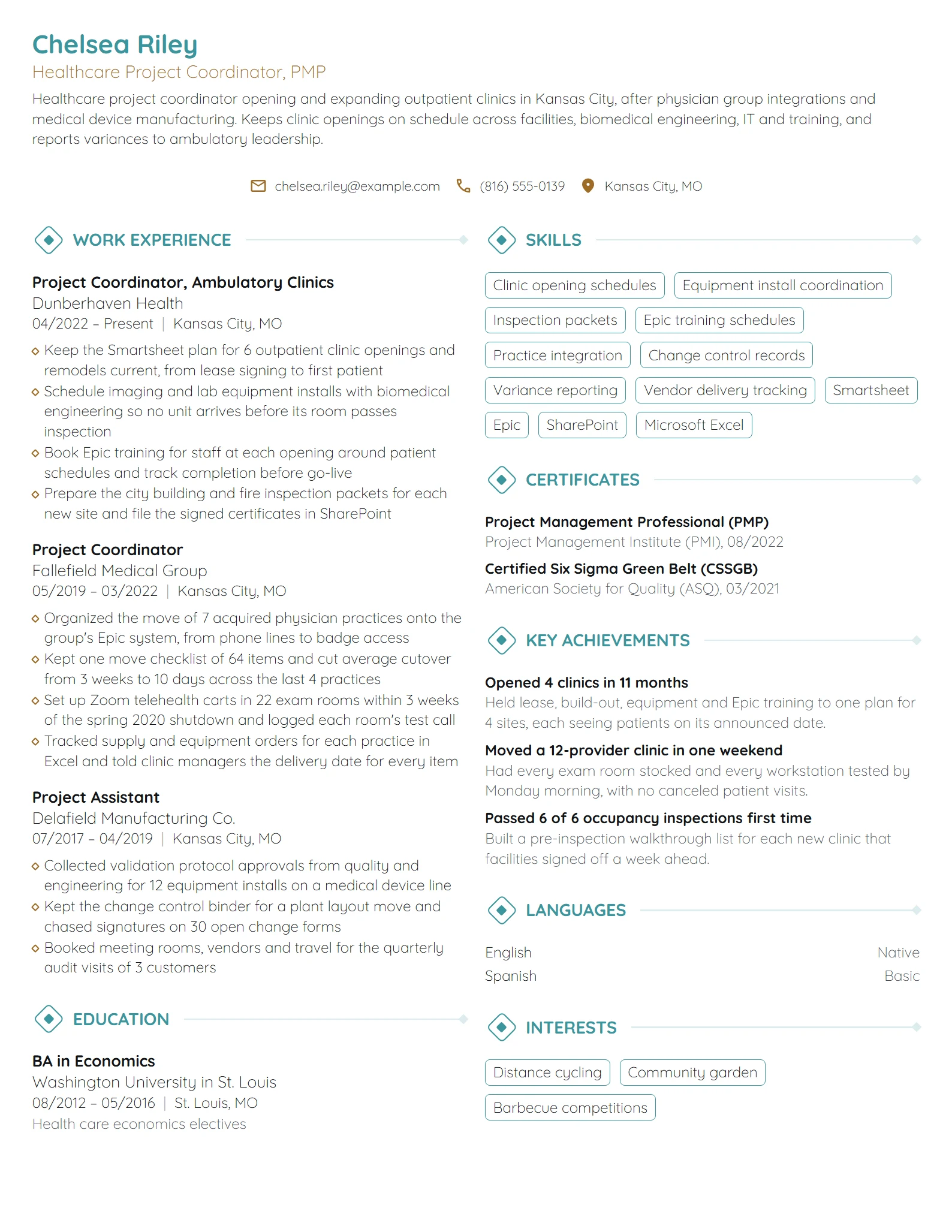 Healthcare Project Coordinator resume example