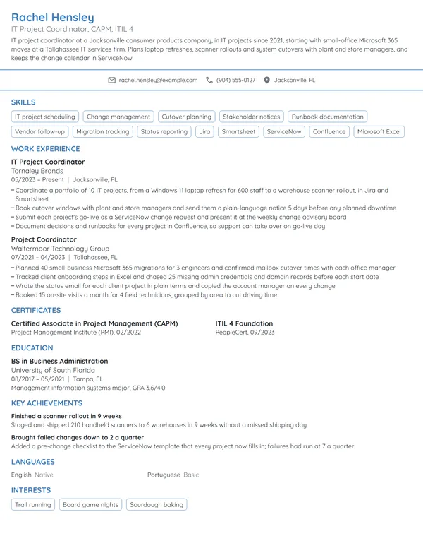 IT Project Coordinator resume example